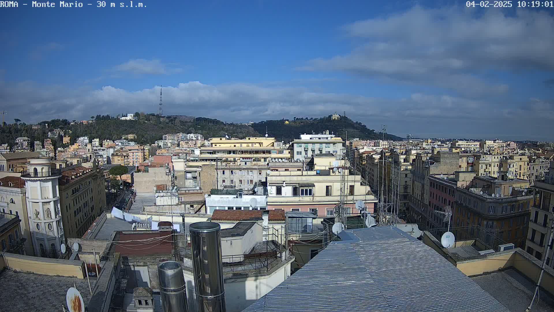 A partly cloudy day overlooks a cityscape of densely packed buildings, with a hill in the background.
