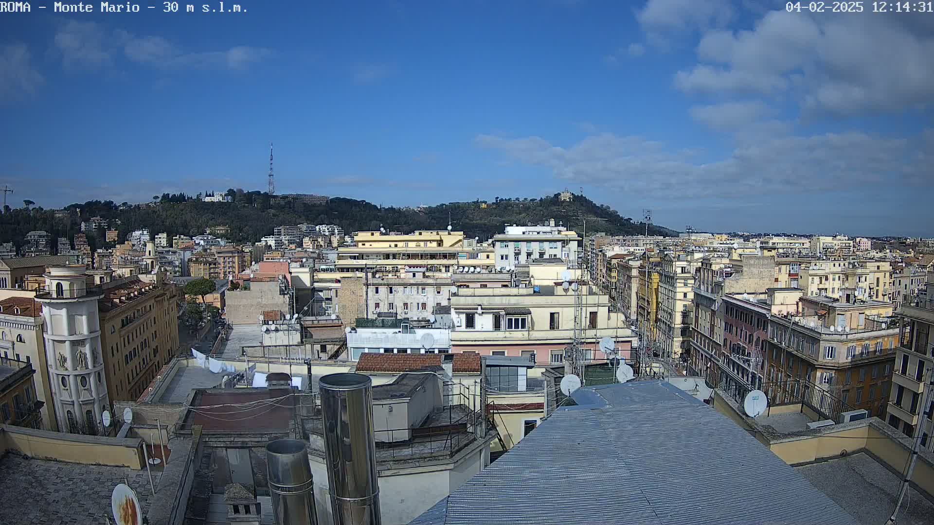 A rooftop view of a densely populated city under a mostly clear, sunny sky shows many multi-story buildings extending to a hill in the background.