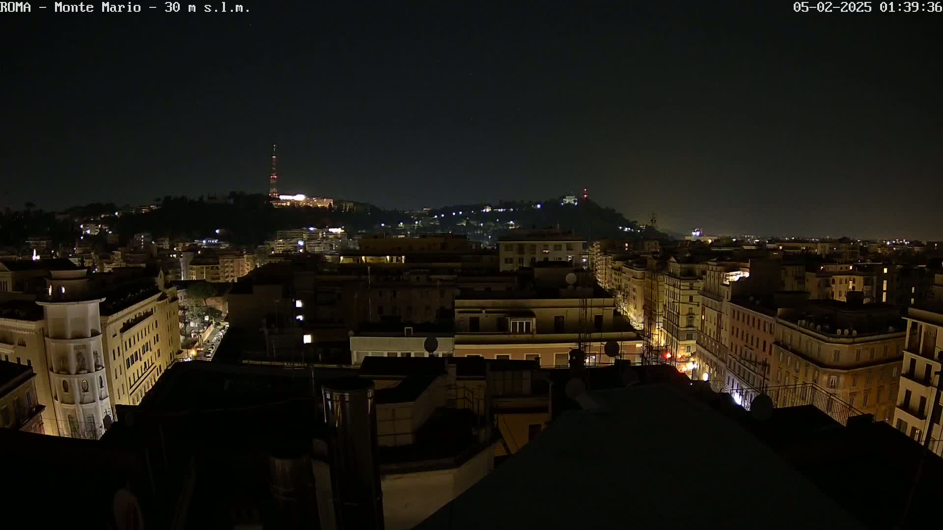 A nighttime, aerial view of a city with dimly lit buildings extending to a hill in the background under a dark sky.