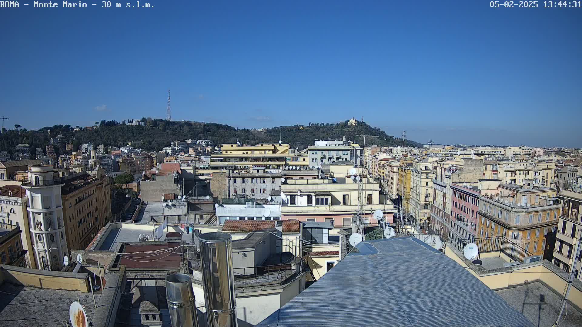 A high-angle, long shot on a clear, sunny day shows a sprawling cityscape of densely packed buildings, with a hill in the background.
