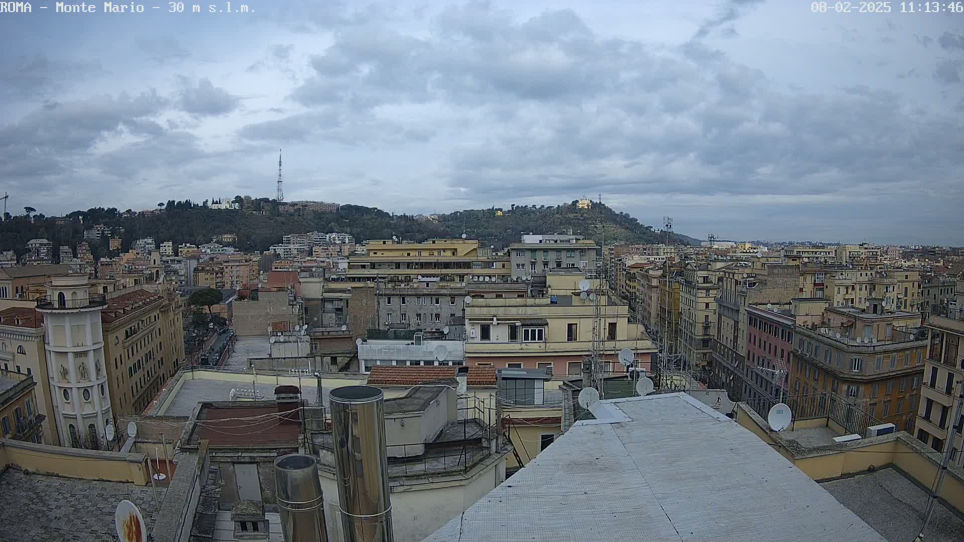 A cityscape of densely packed buildings under a cloudy sky, with a hill in the background.