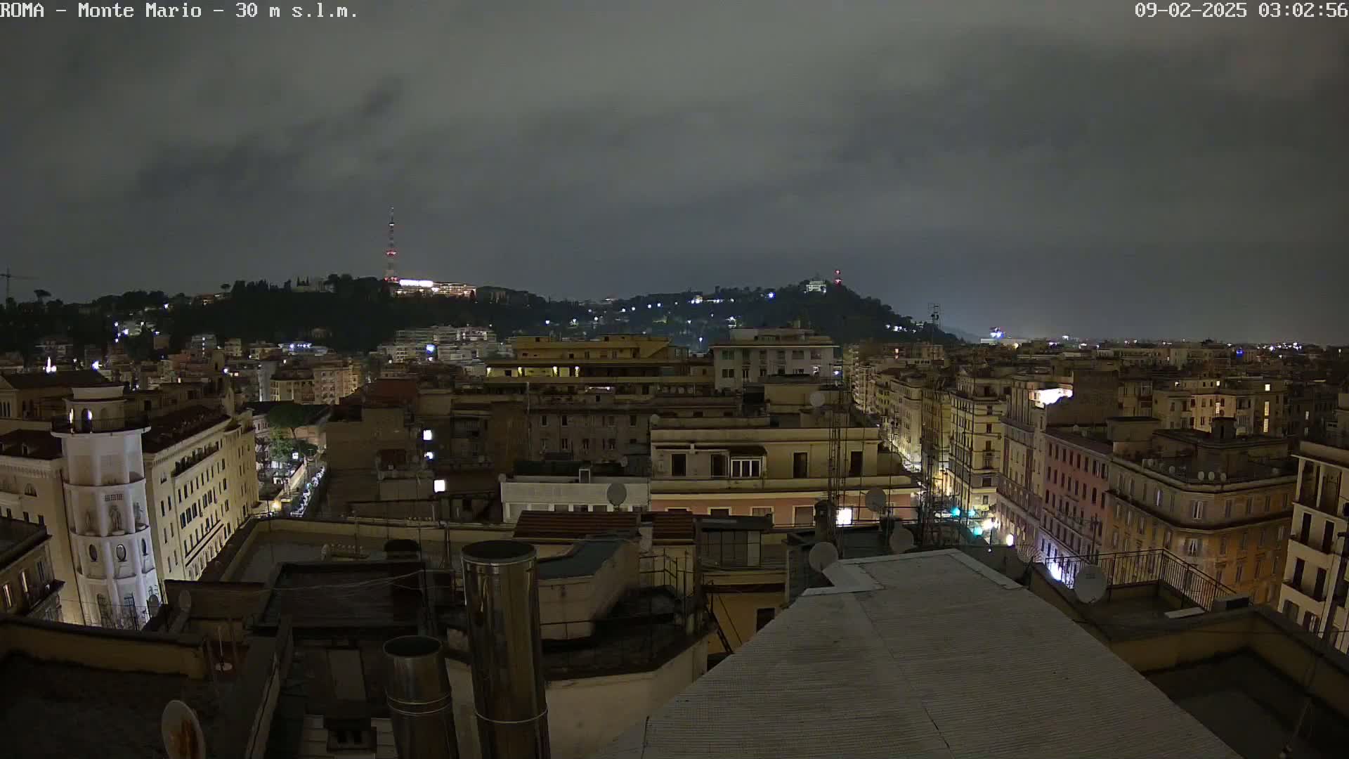 A nighttime cityscape view of a city with hills in the background under a cloudy sky.