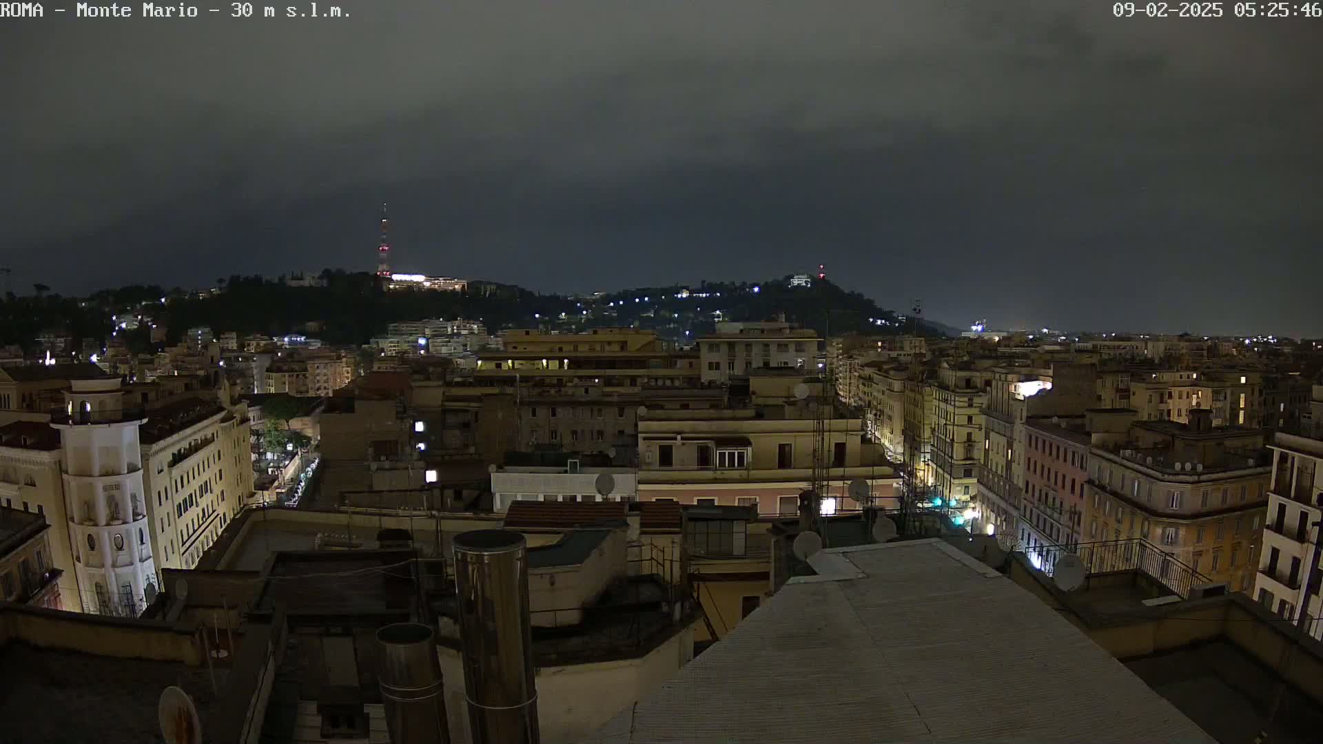 A nighttime view of a city with hills in the background under a cloudy sky.