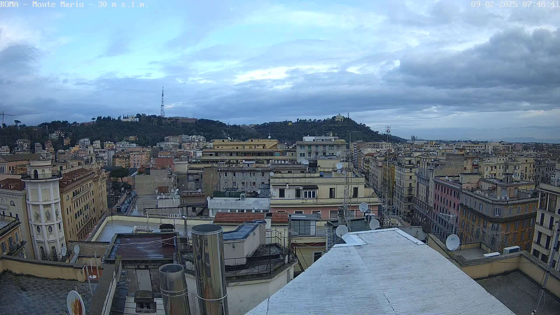 A cloudy day view of a city from a rooftop, showing many buildings and a hill in the background.