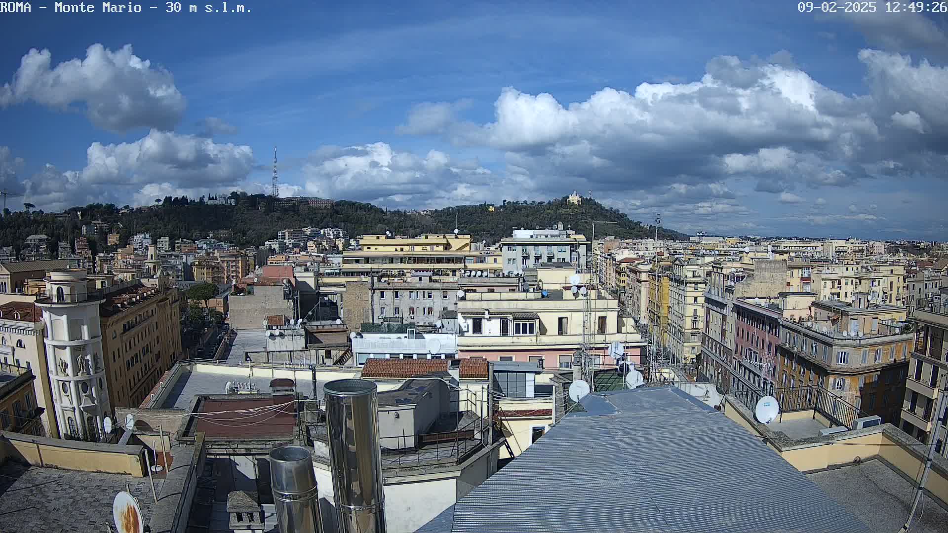 A partly cloudy sky overlooks a dense cityscape of multi-story buildings, many with rooftop satellite dishes, extending to a distant hill.
