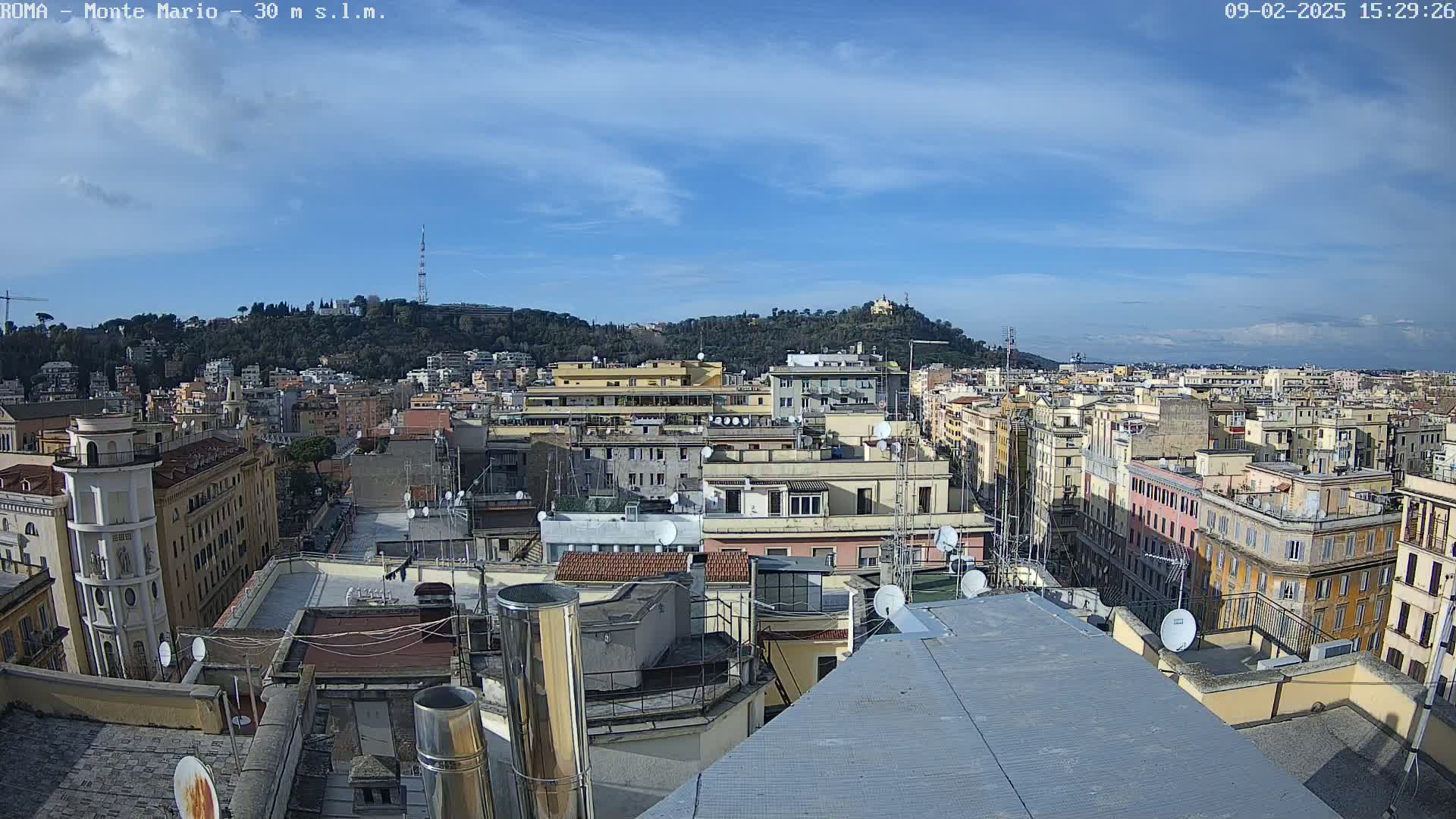 A mostly sunny day view of rooftops and buildings extending to a tree-covered hill in the distance.