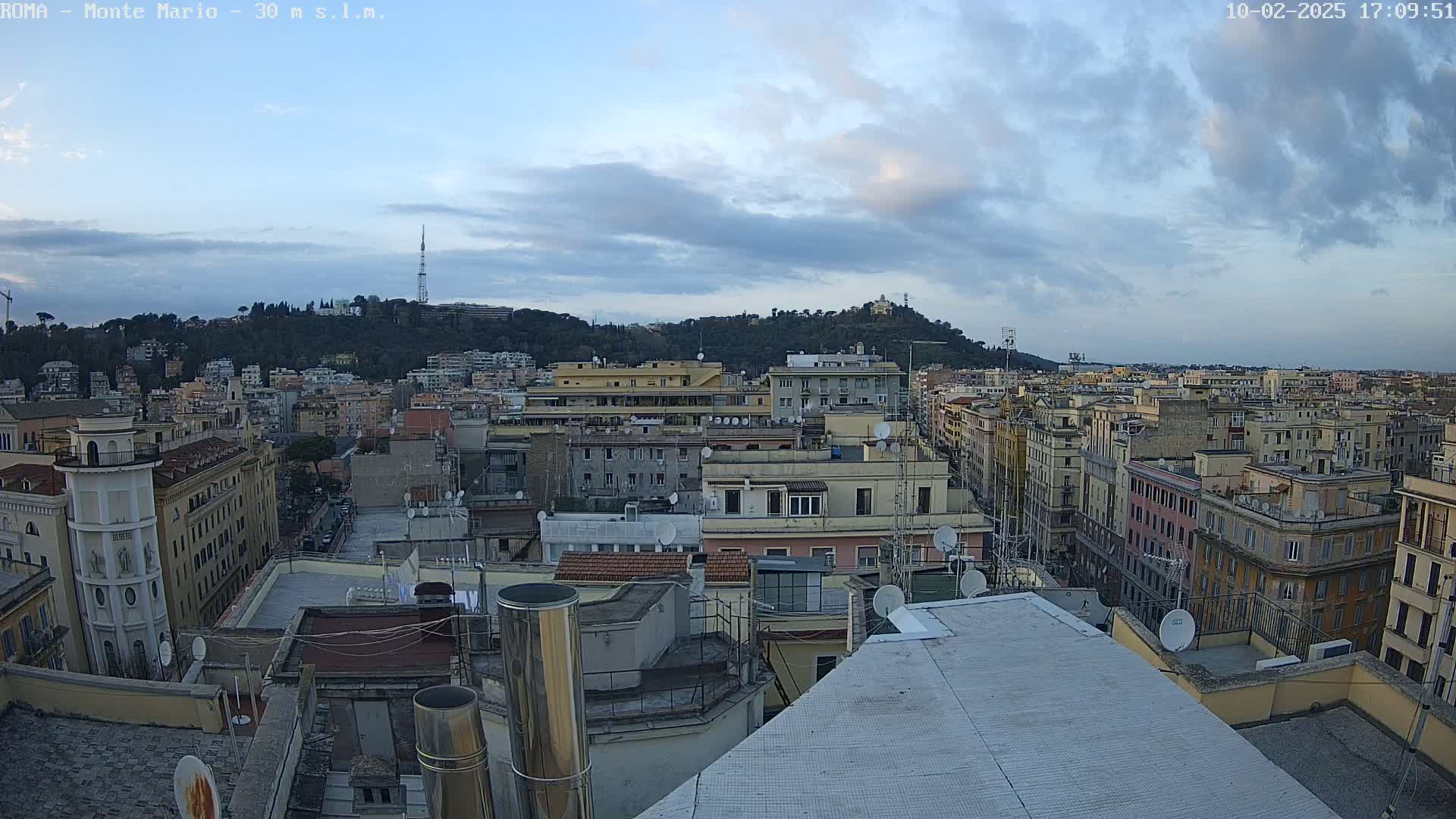 An aerial view of a city under a partly cloudy sky, showing many buildings with rooftops and antennas, and a tree-covered hill in the background.