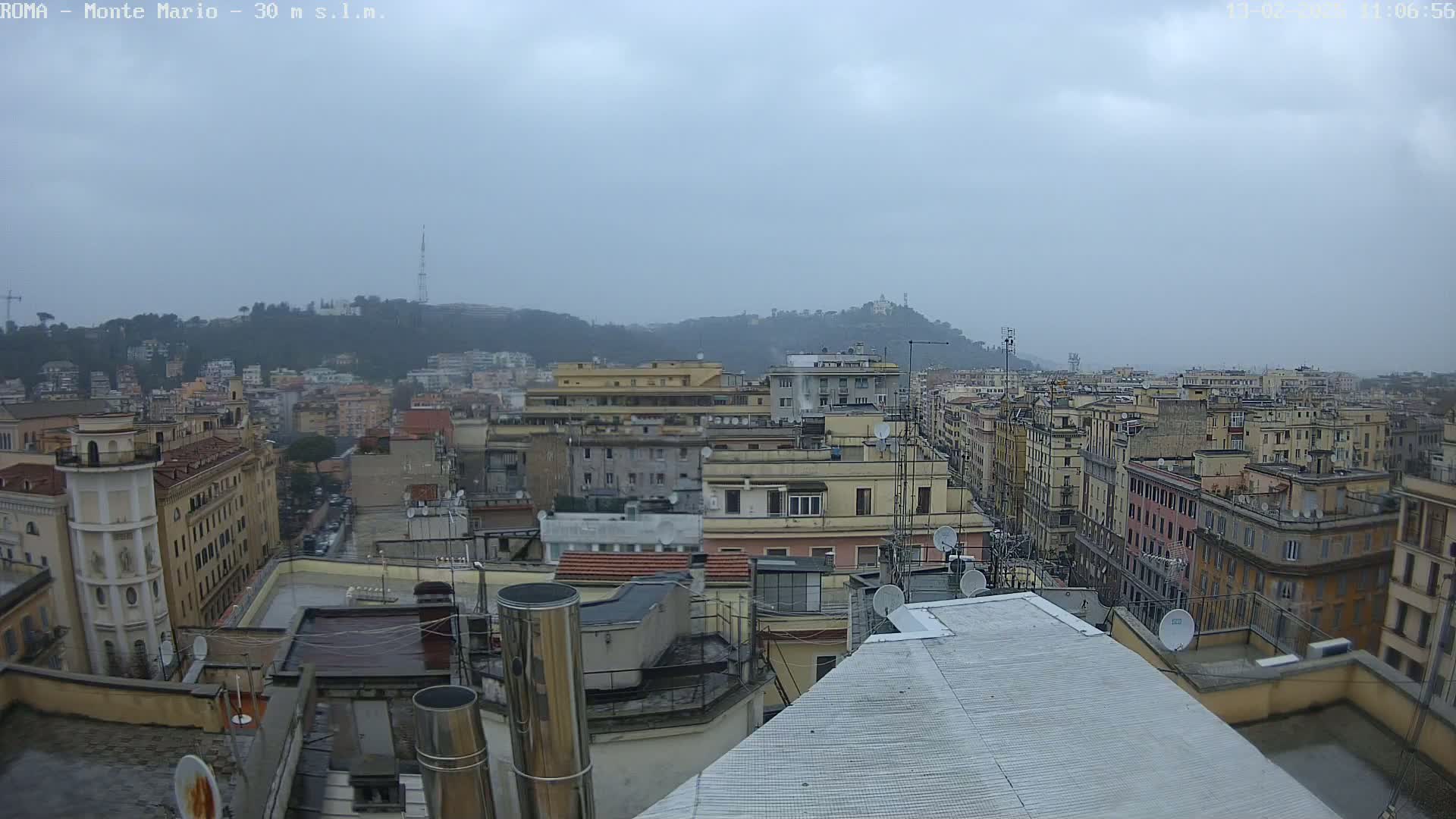 A city rooftop view on an overcast day shows numerous buildings stretching into the distance, with a hill visible in the background.