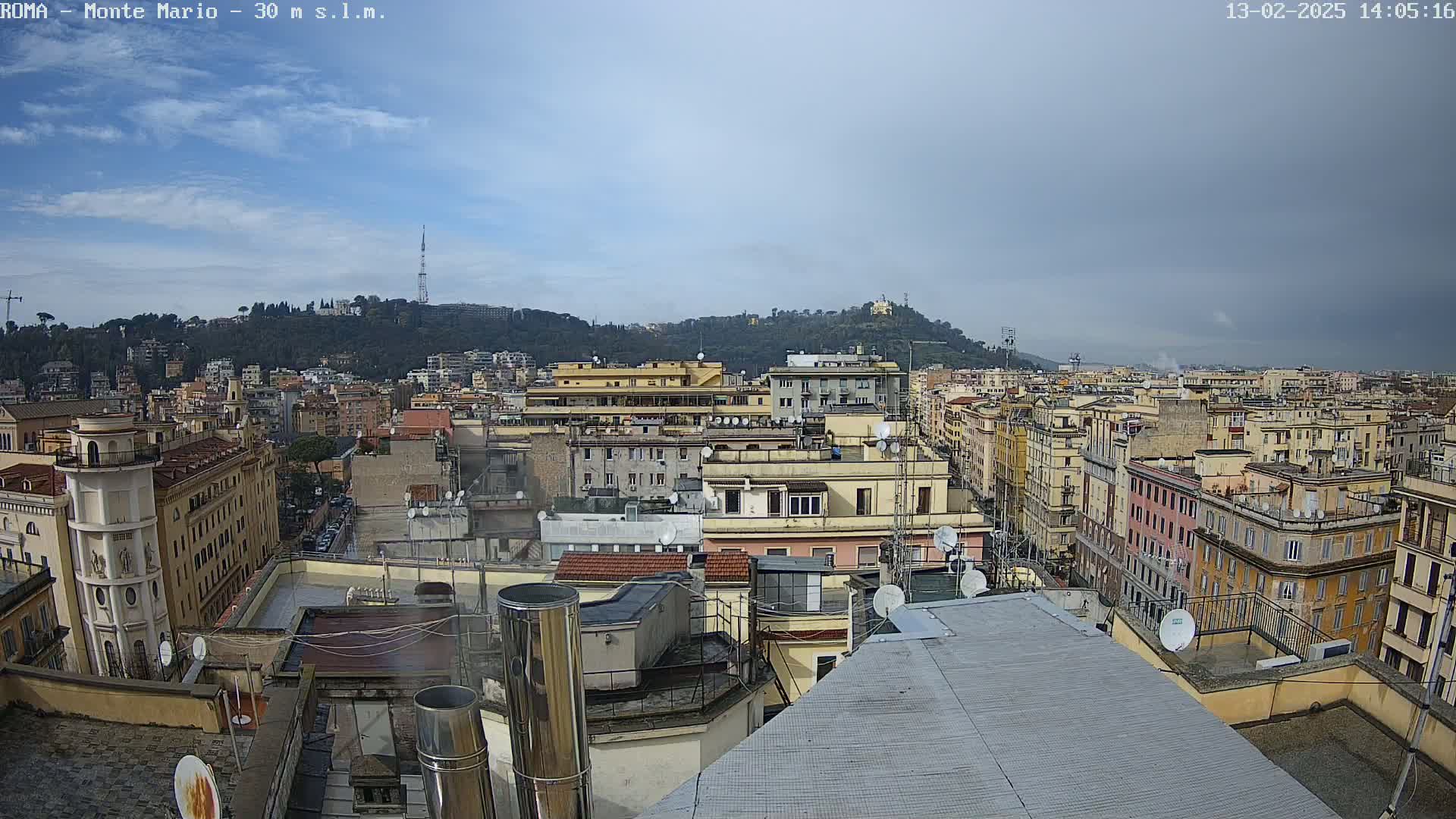 A panoramic view from a rooftop shows a cityscape under an overcast sky, with a hill in the background.
