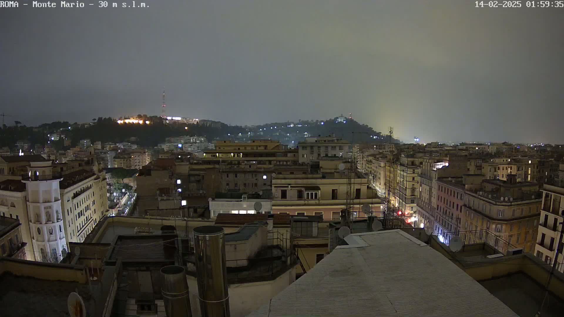 A nighttime view of a city illuminated by streetlights, with a hill in the background under a cloudy, dark sky.