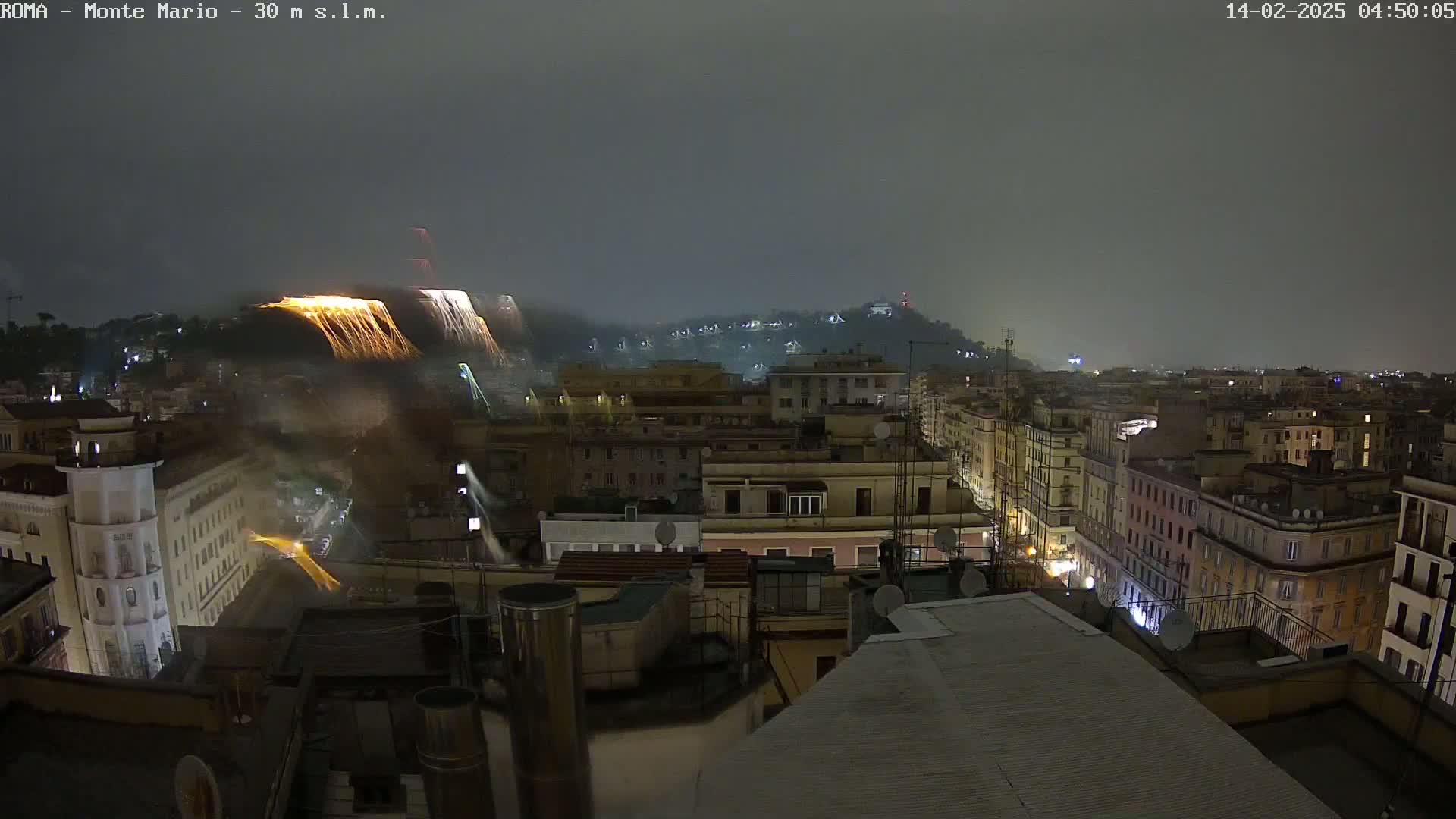 A nighttime view of a city with fireworks exploding over a hill in the background under a dark, overcast sky.