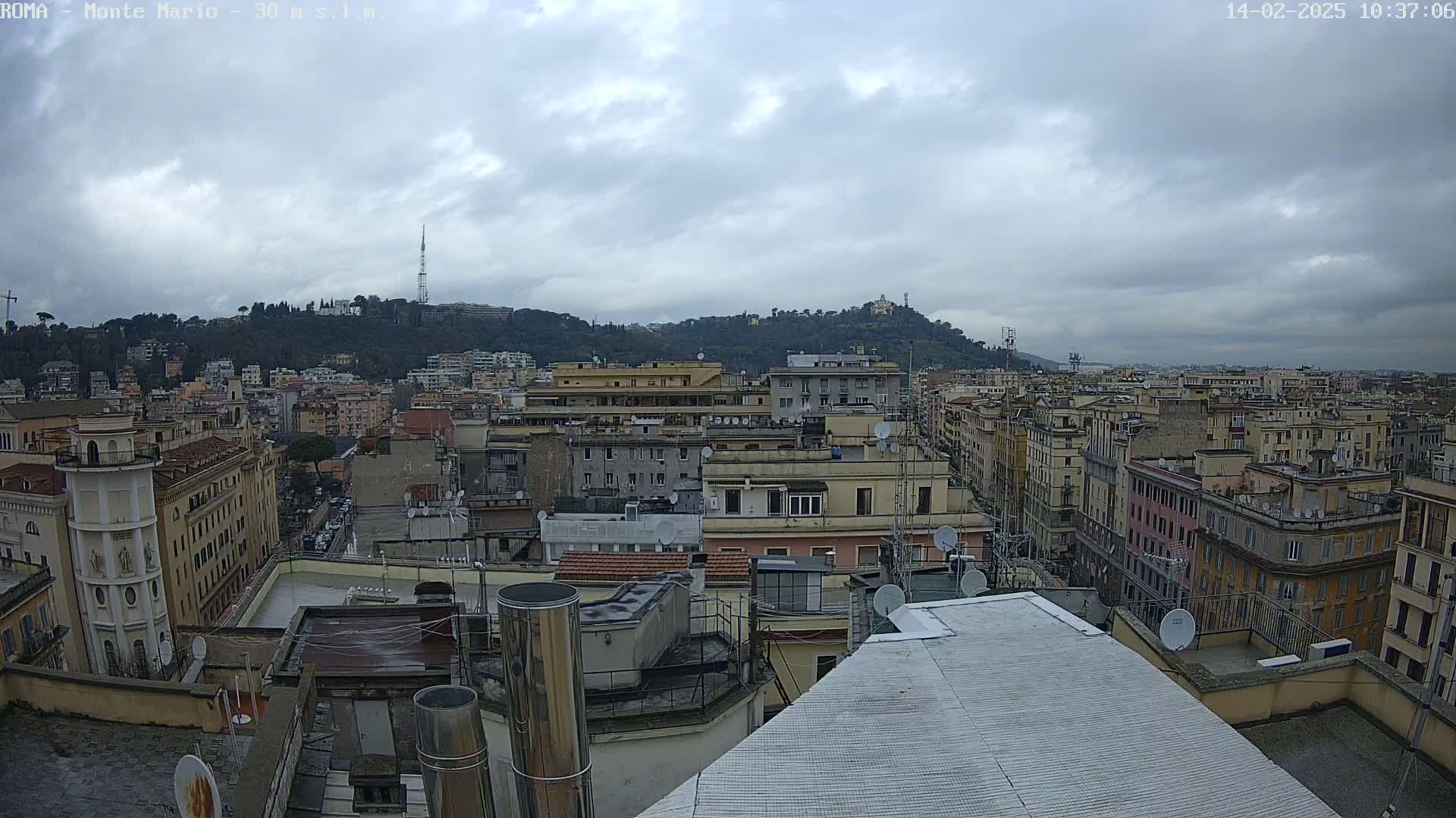 A city skyline under a cloudy sky, showing numerous buildings of varying heights and architectural styles, with a hill covered in vegetation visible in the background.