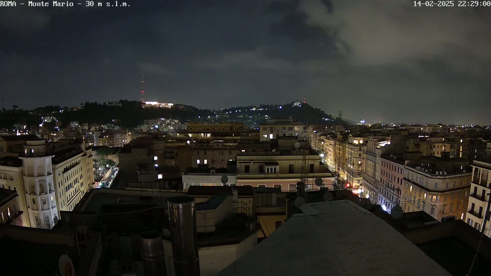 A nighttime cityscape view shows a sprawling city under a partly cloudy sky.