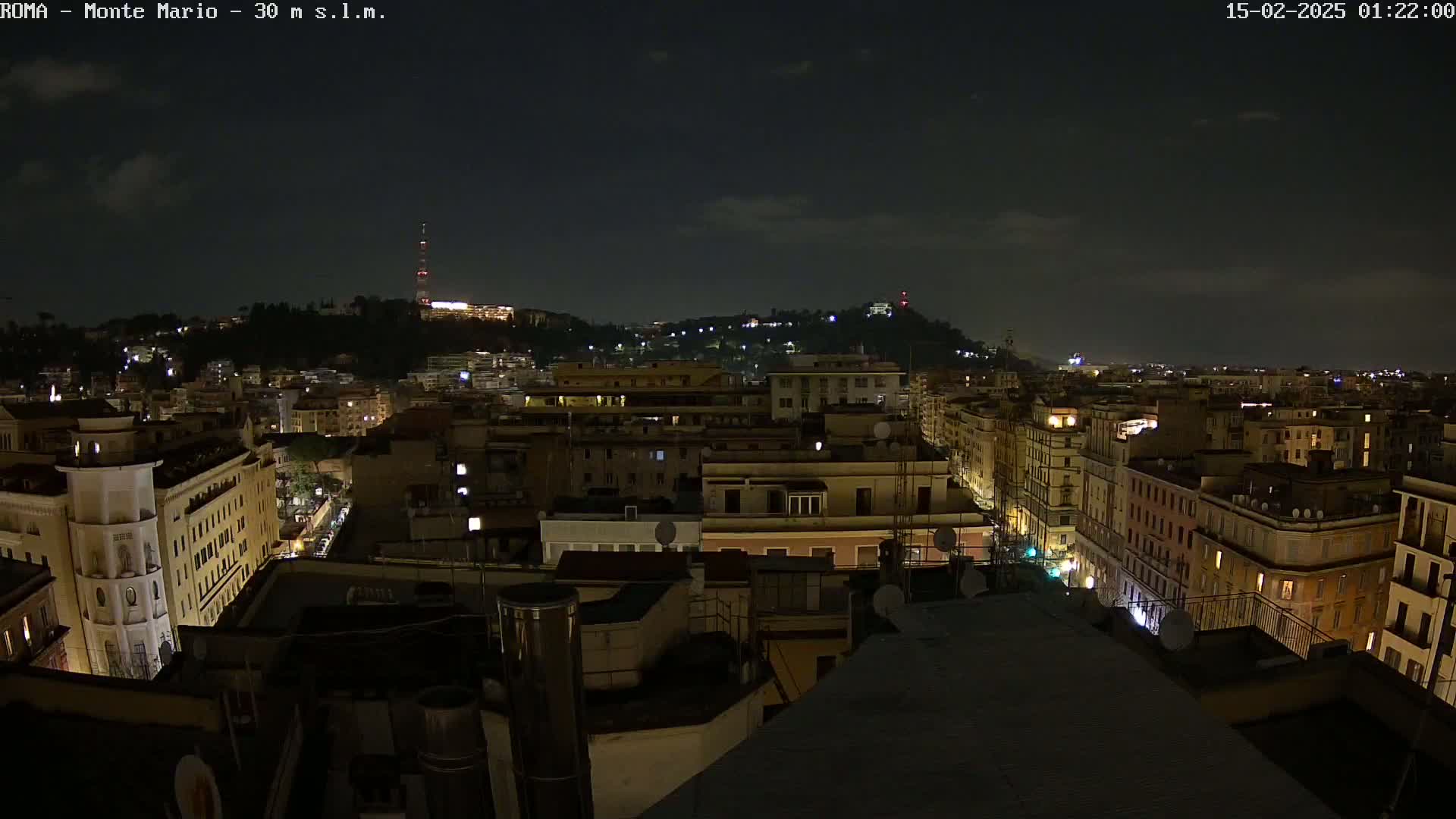 A nighttime cityscape with a hill in the background under a mostly clear sky.