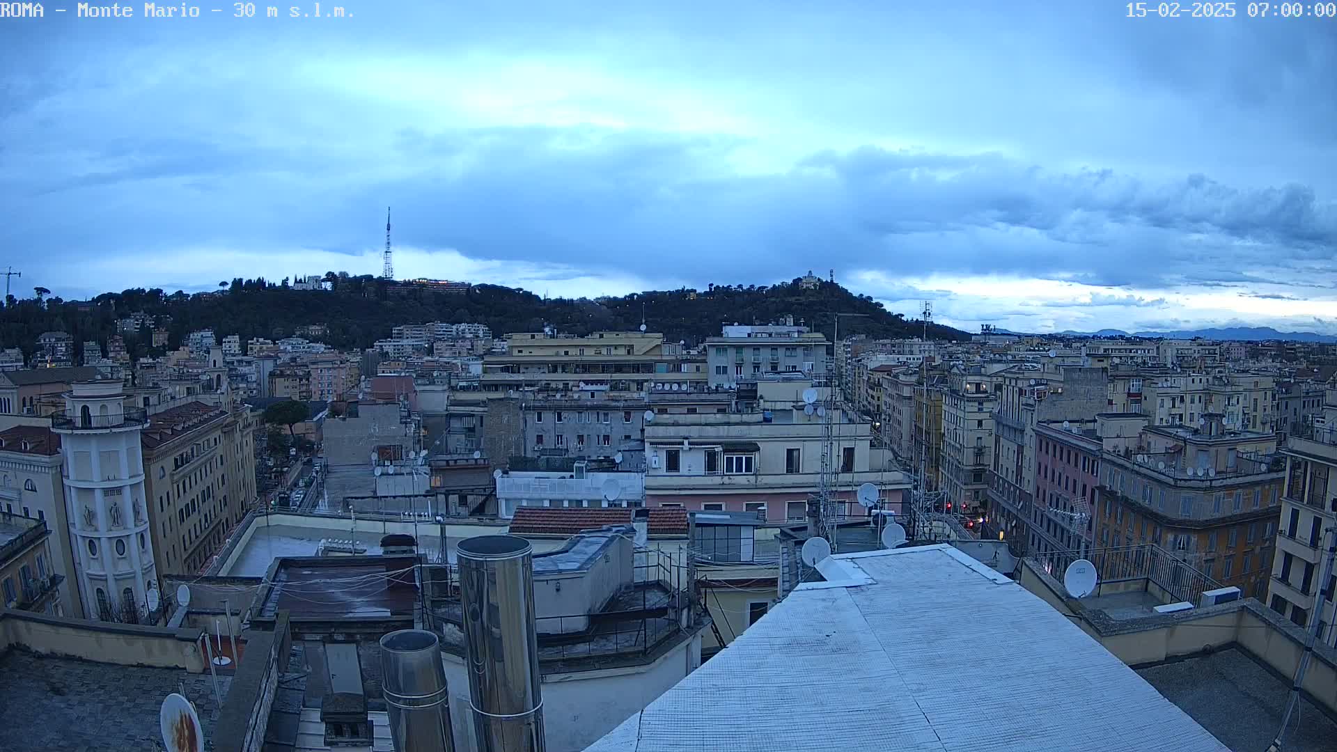 A rooftop view of a city under a partly cloudy, dusky sky shows numerous buildings extending to a hill in the distance.