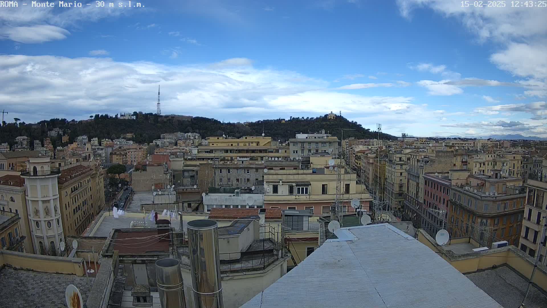 A partly cloudy sky overlooks a densely packed city of multi-story buildings, extending to a hill in the distance.