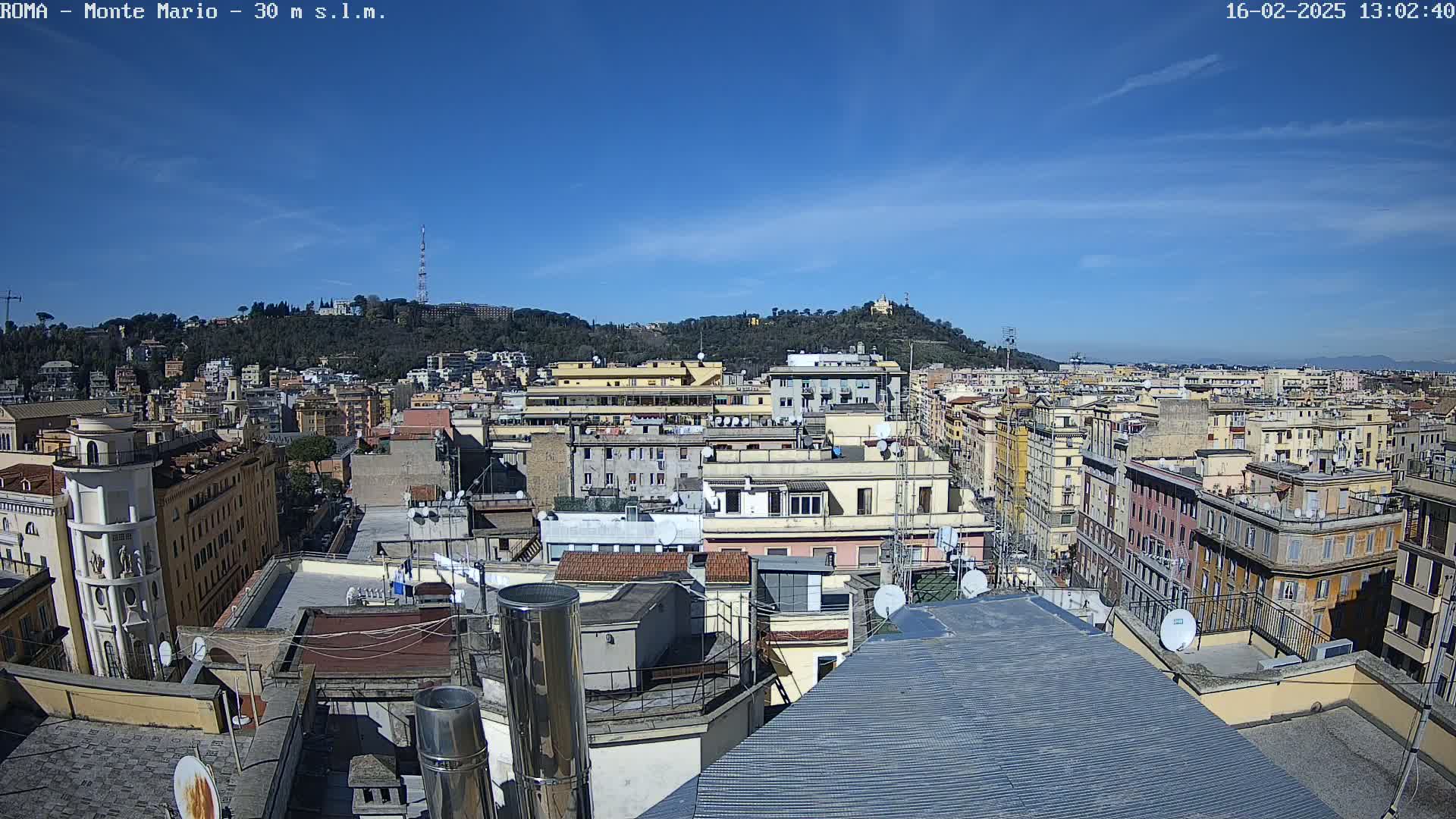 A rooftop view of a densely populated city under a clear blue sky, showing numerous buildings stretching to a distant hill.