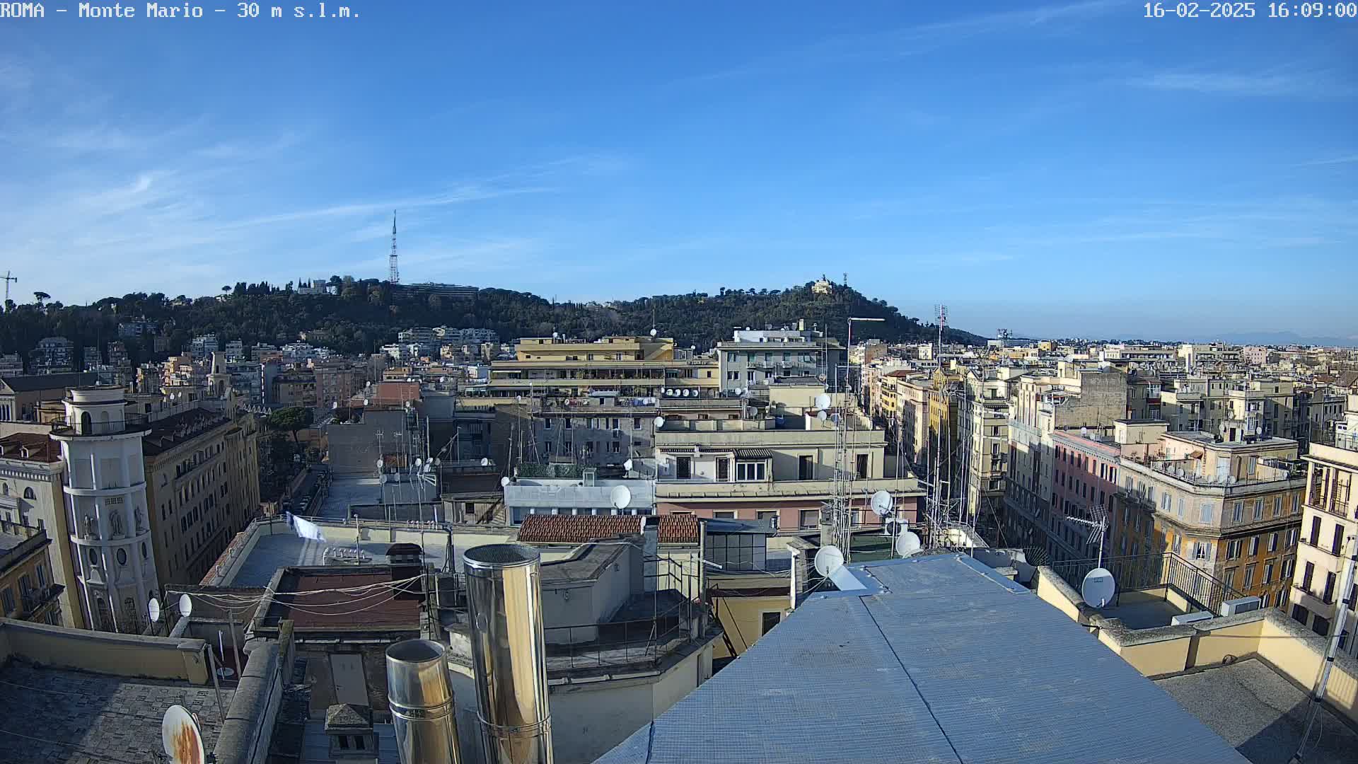 A panoramic rooftop view of a city under a clear blue sky, showing numerous buildings and a hill in the distance.