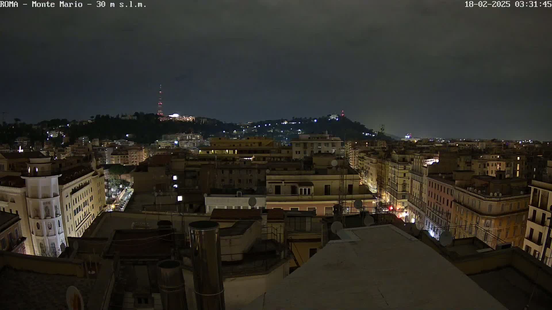 A nighttime view of a city, possibly Rome, shows many buildings illuminated, with a hill in the distance under a dark, cloudy sky.