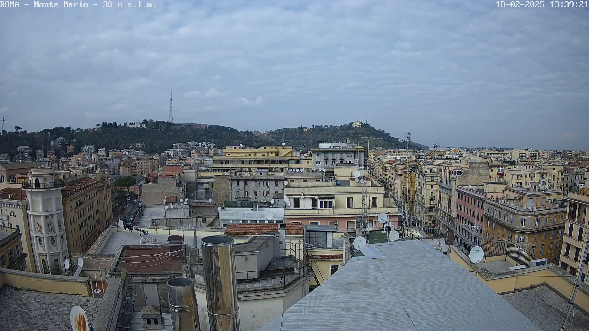 A panoramic view of a city, under a cloudy sky, shows numerous buildings and rooftops extending to a hill in the distance.