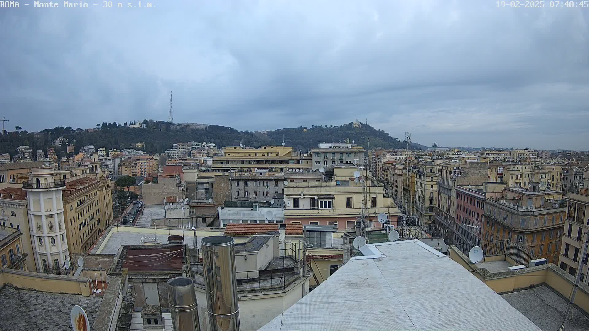 A city skyline with overcast skies shows numerous buildings extending into the distance, topped with satellite dishes, and a hill in the background.
