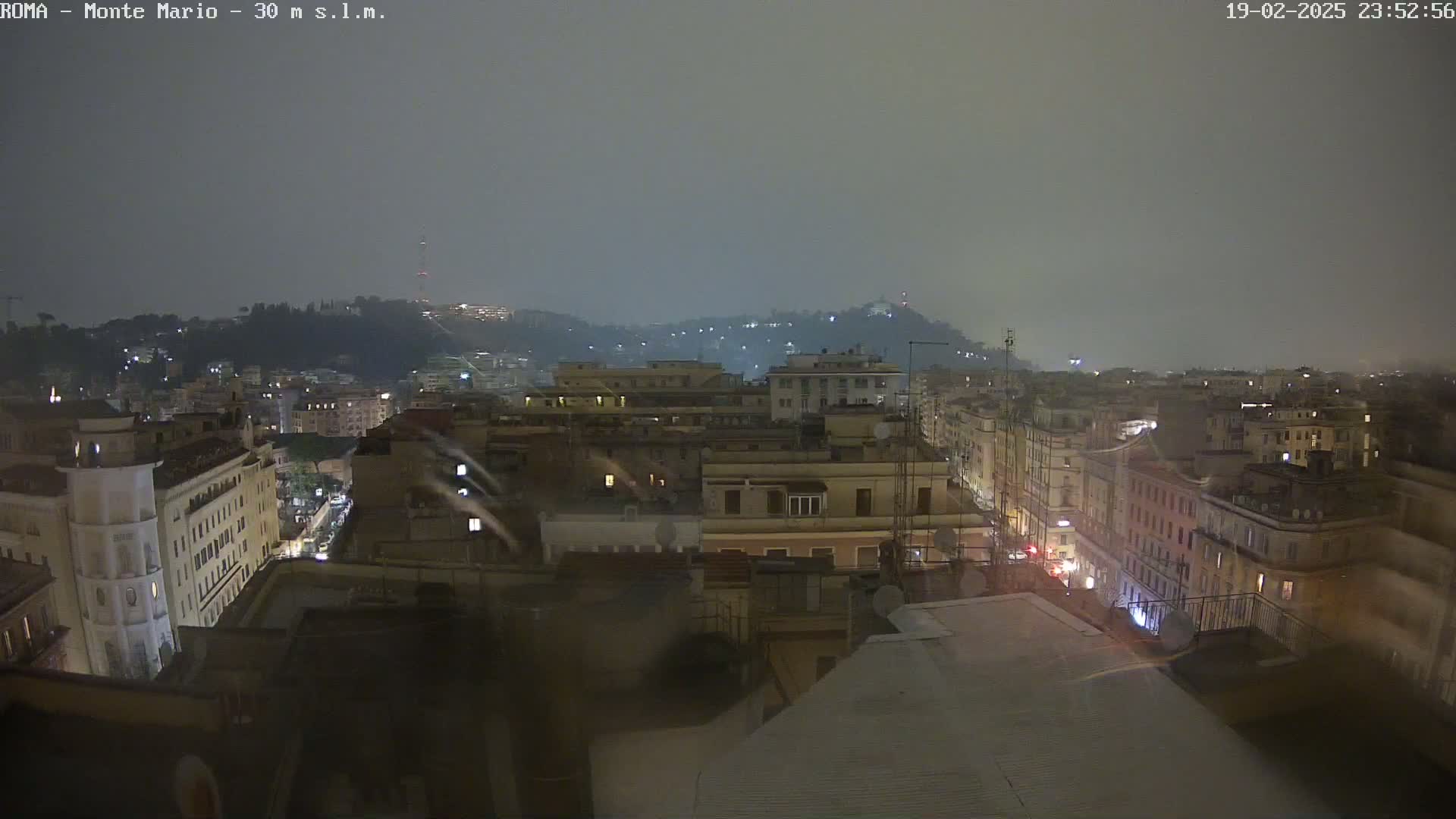 A nighttime view of a city, possibly Rome, under a hazy, overcast sky with light rain.