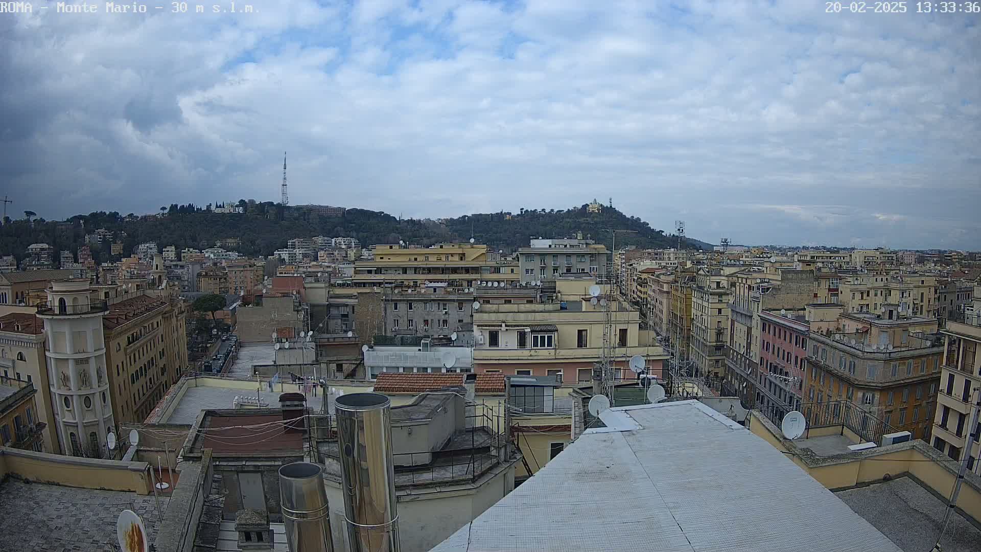 A high-angle view of a city under a partly cloudy sky shows numerous buildings, rooftops, and a hill in the distance.
