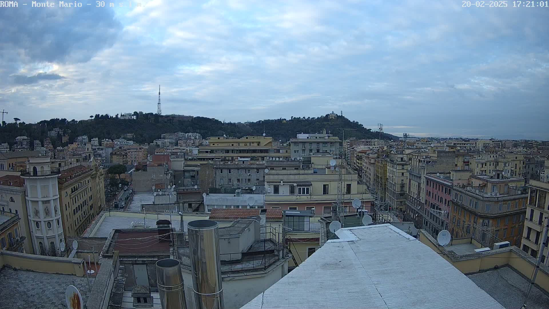 A mostly cloudy sky overlooks a dense cityscape of multi-story buildings, with a tree-covered hill in the background.