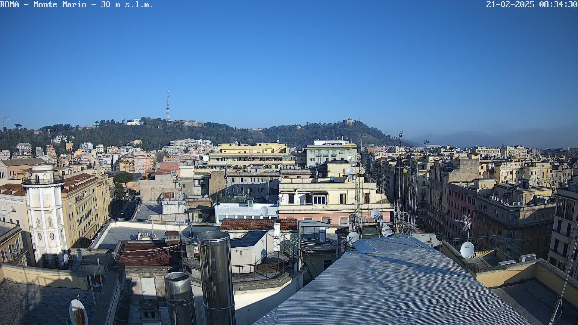 A cityscape of many buildings under a clear blue sky, with hills visible in the background.