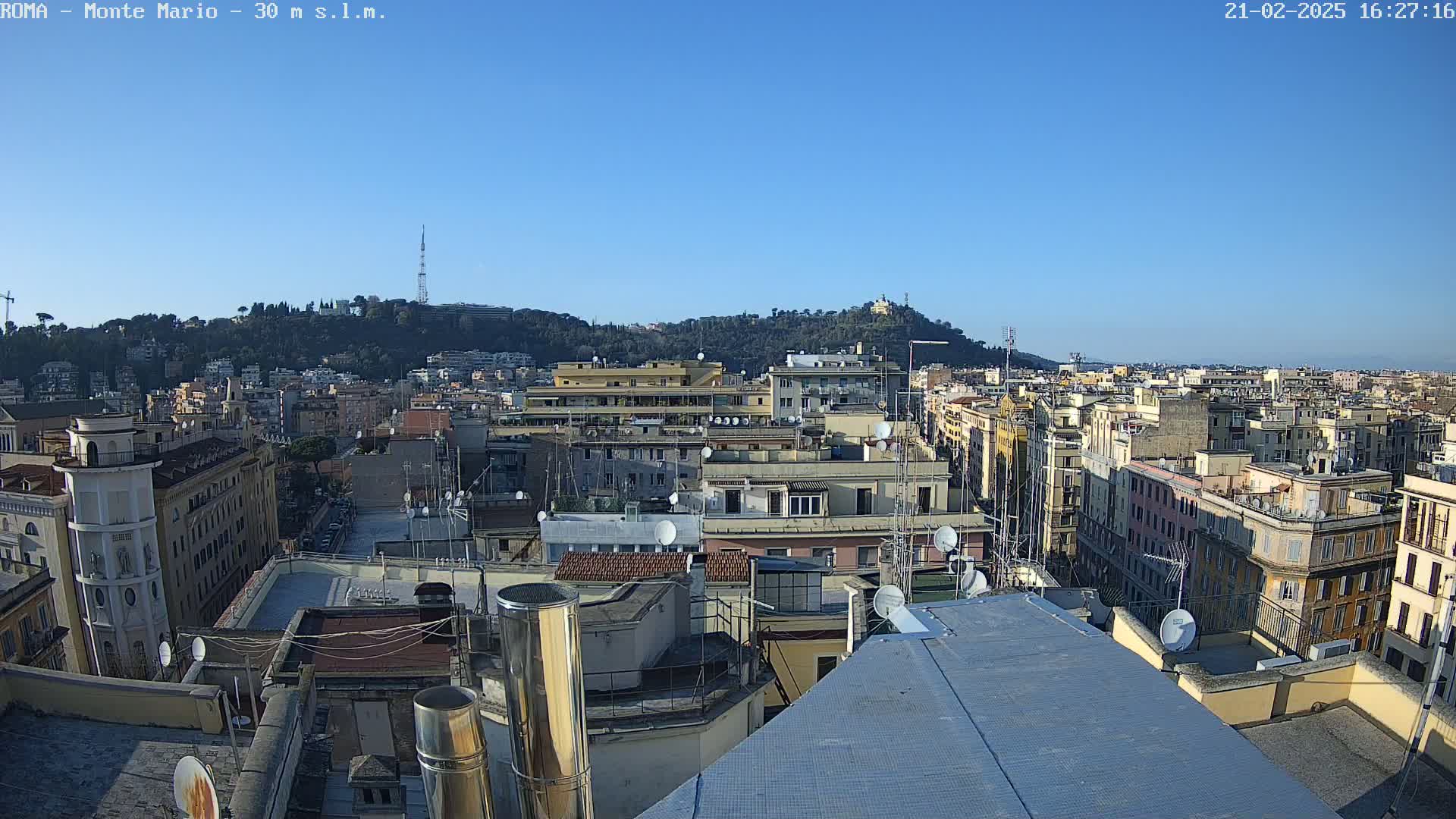 A panoramic rooftop view of a city on a clear, sunny day, showing numerous buildings and a hill in the distance.