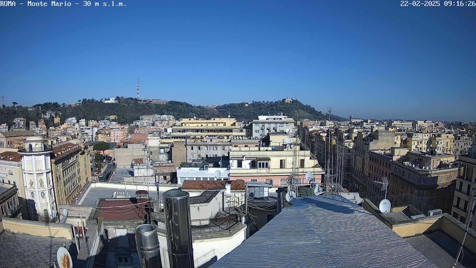 A panoramic view of a city under a clear blue sky shows numerous buildings, rooftops, and a distant hill.