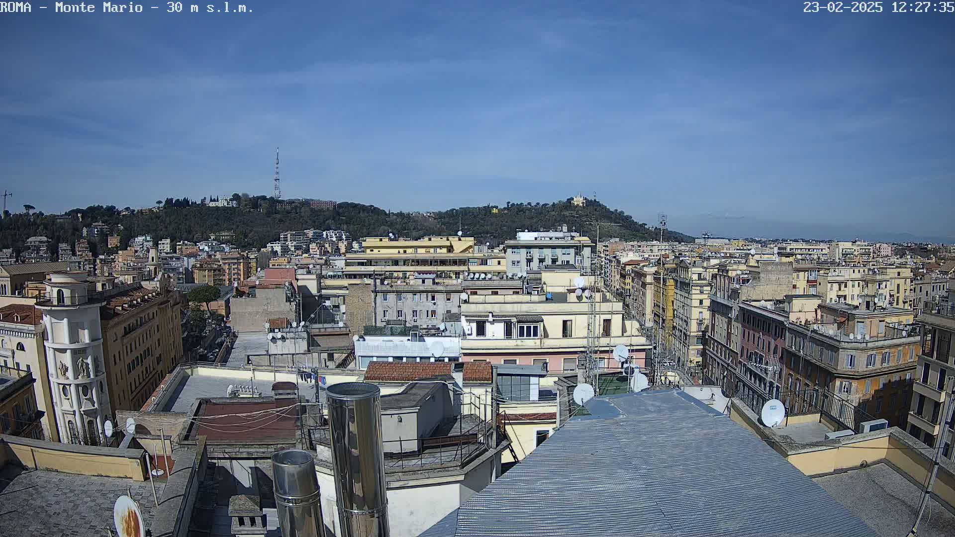 A rooftop view of a densely populated city under a clear blue sky, showing many buildings and a hill in the distance.