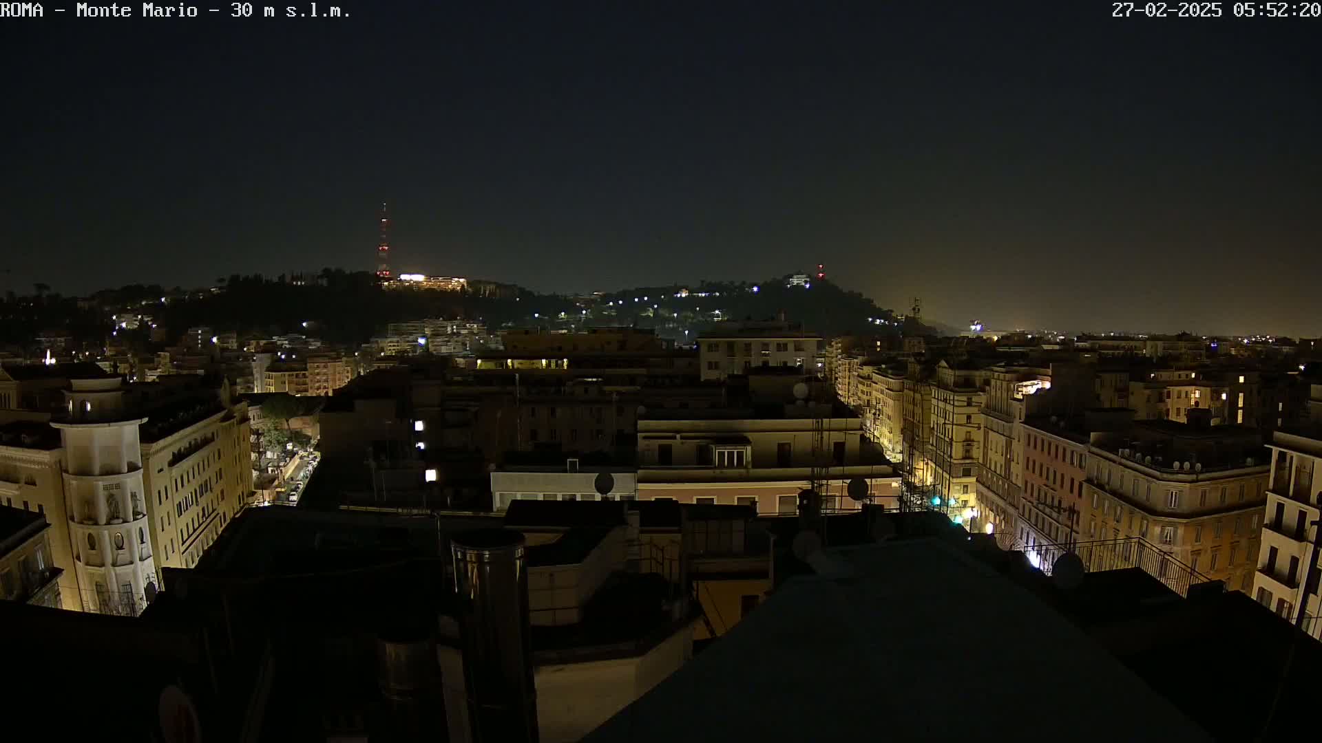 A nighttime, high-angle view of a city with dimly lit buildings and streets, and a hill in the distance.