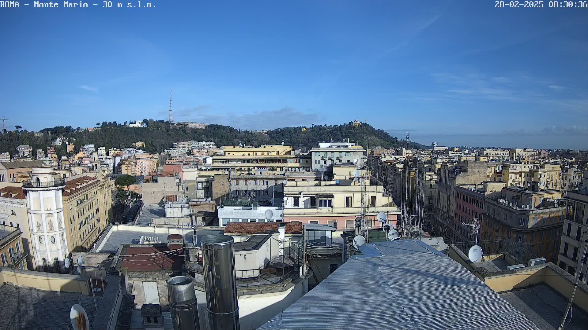 A rooftop view of a city on a clear, sunny day, showing numerous buildings extending to a hill in the distance.