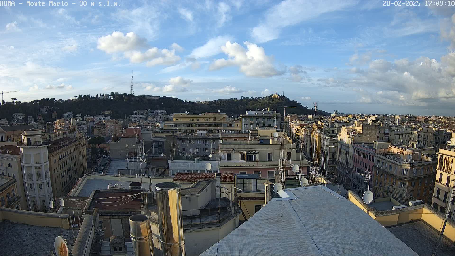 A partly cloudy sky overlooks a dense cityscape of multi-story buildings, with a hill in the distance.