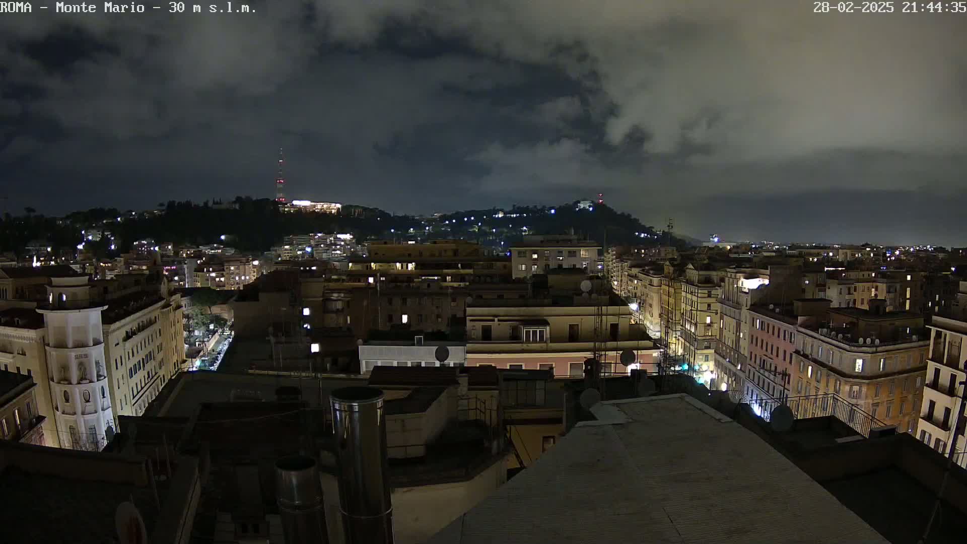 A nighttime view of a city with cloudy skies shows a cityscape illuminated with lights, extending to a hill in the distance.