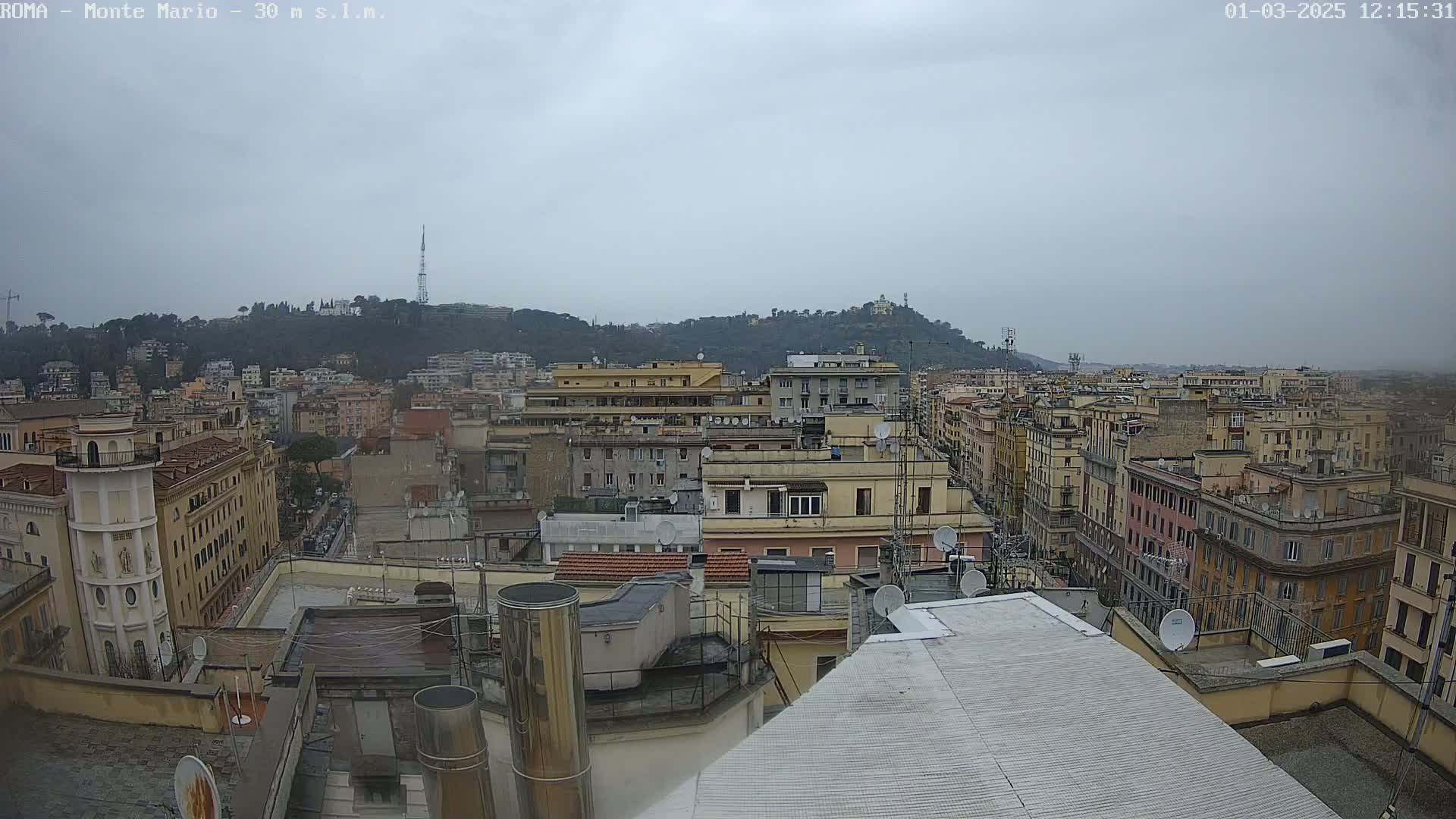 A view from a rooftop shows a cityscape under an overcast sky, with a hill in the background.