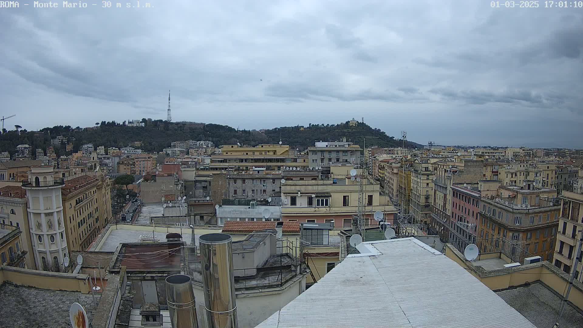 A cityscape of dense, multi-story buildings under a cloudy sky, viewed from a rooftop, with a hill visible in the background.