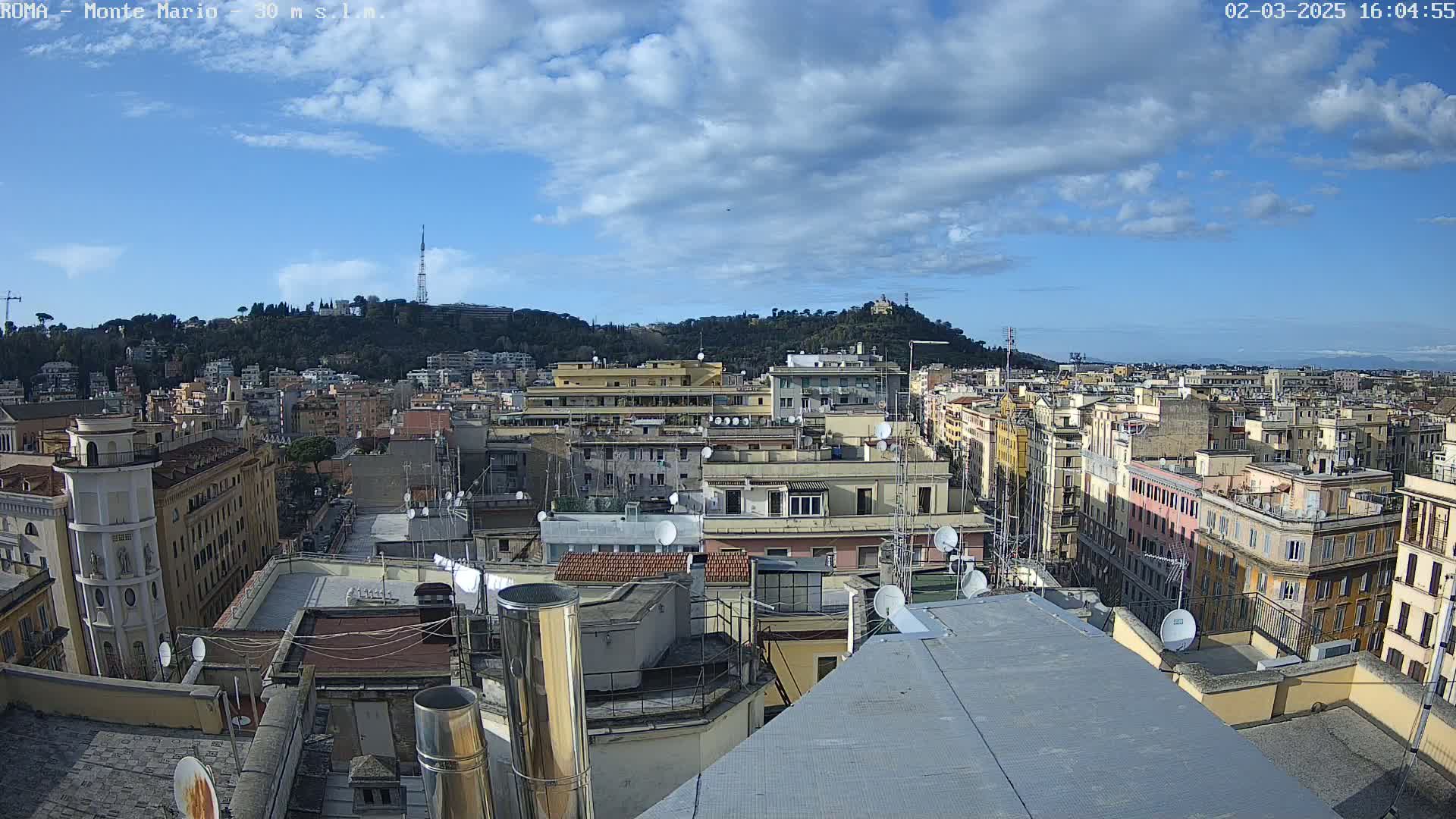A mostly sunny day reveals a sprawling cityscape of closely packed buildings, with a tree-covered hill in the background.