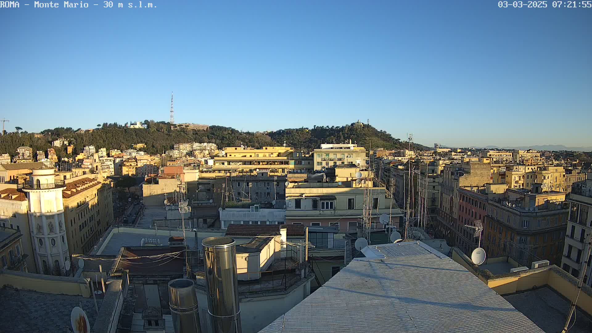 A high-angle, long shot of a cityscape on a clear, sunny day shows numerous buildings, rooftops, and a hill in the background.