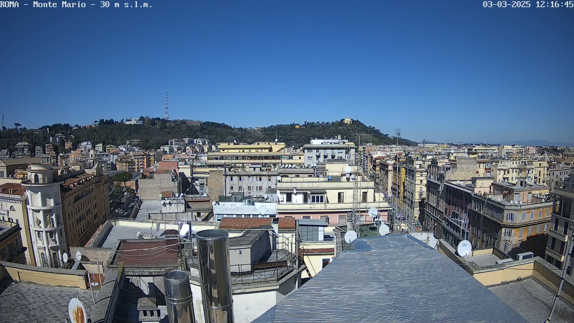 A sunny day reveals a sprawling cityscape of multi-story buildings, with a hill in the distance.