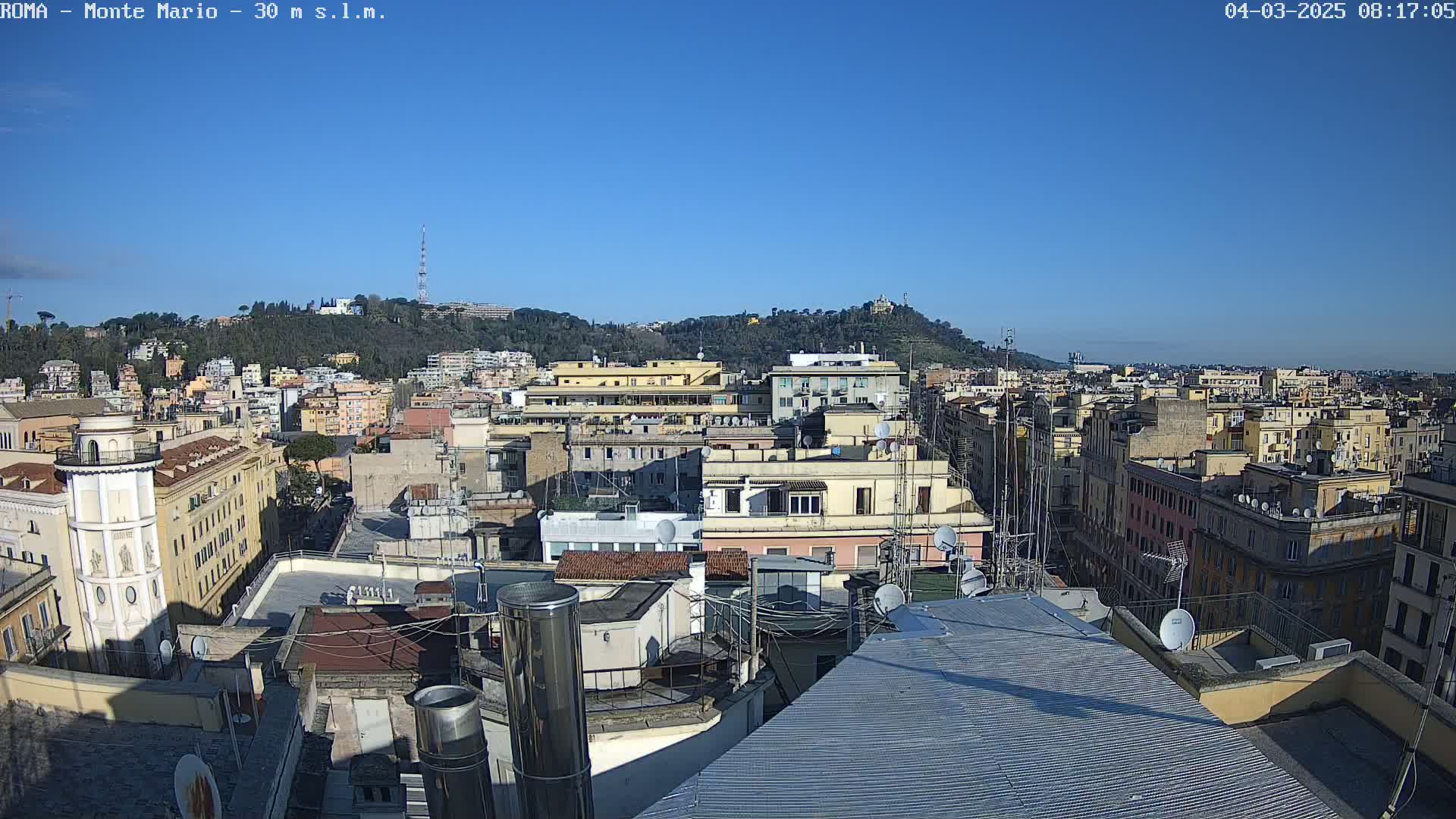 A clear, sunny day reveals a panoramic view of rooftops and buildings stretching to a distant hill, under a bright blue sky.