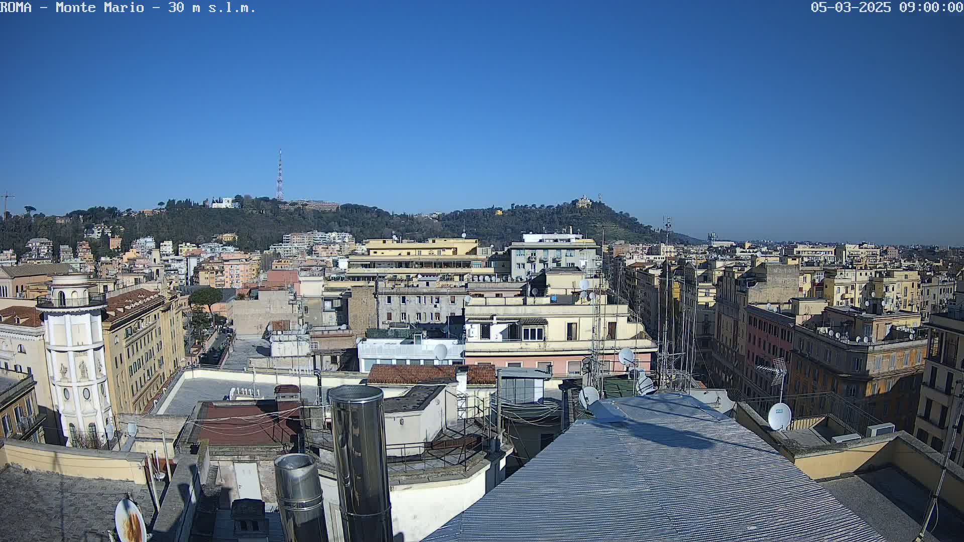 A rooftop view of a city under a clear blue sky shows numerous buildings extending to a hill in the distance.