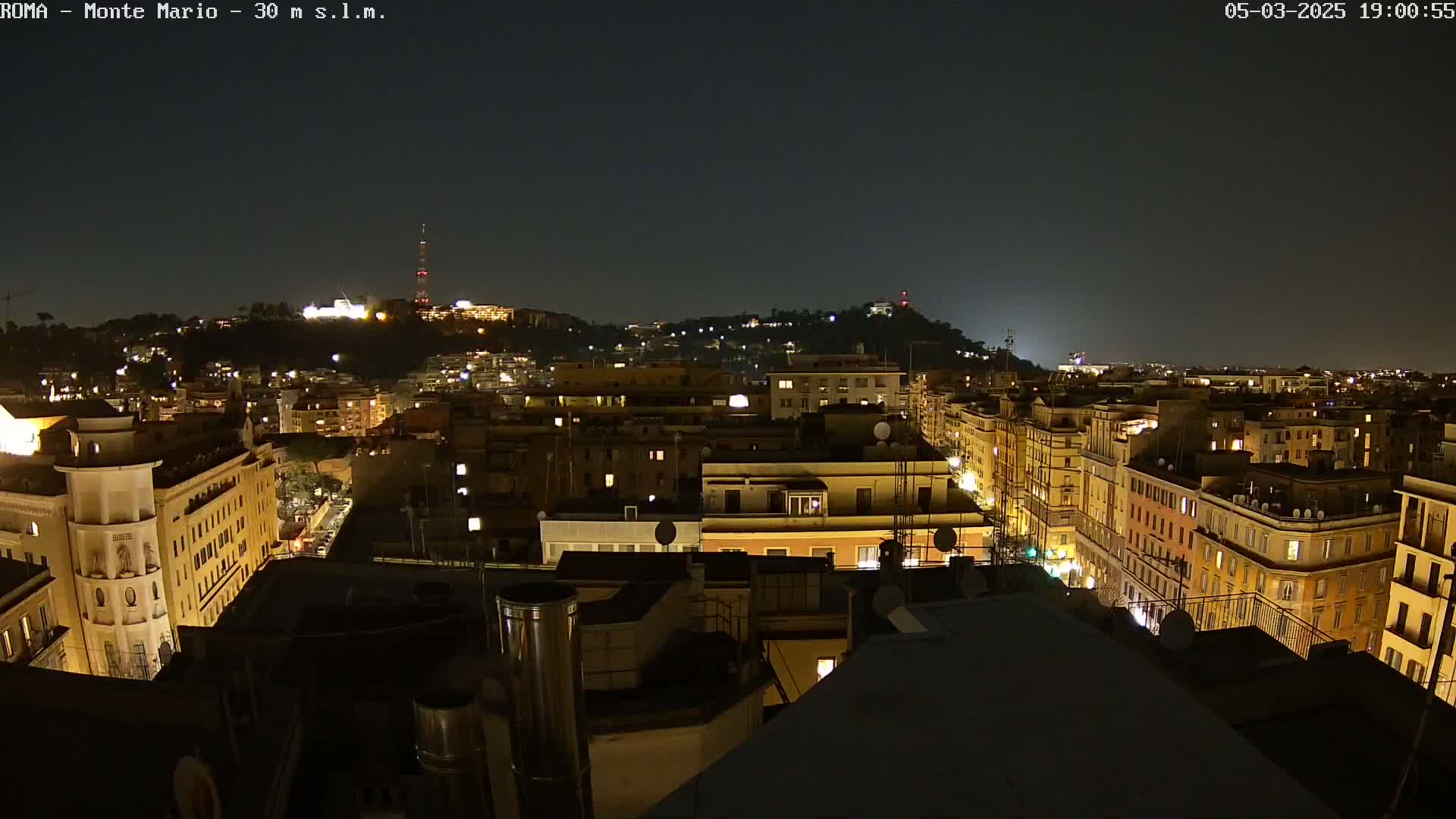 A nighttime view of a city, showing illuminated buildings extending to a hill in the distance under a clear, dark sky.