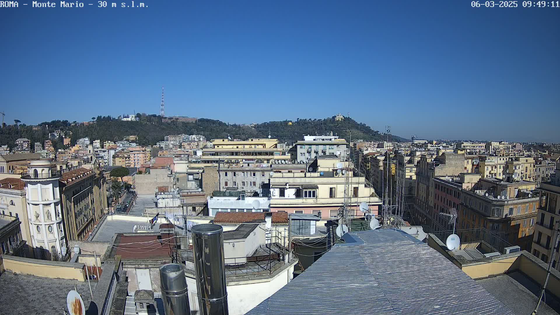 A rooftop view of a dense city with numerous buildings under a clear, sunny sky, showing a hill in the distance.