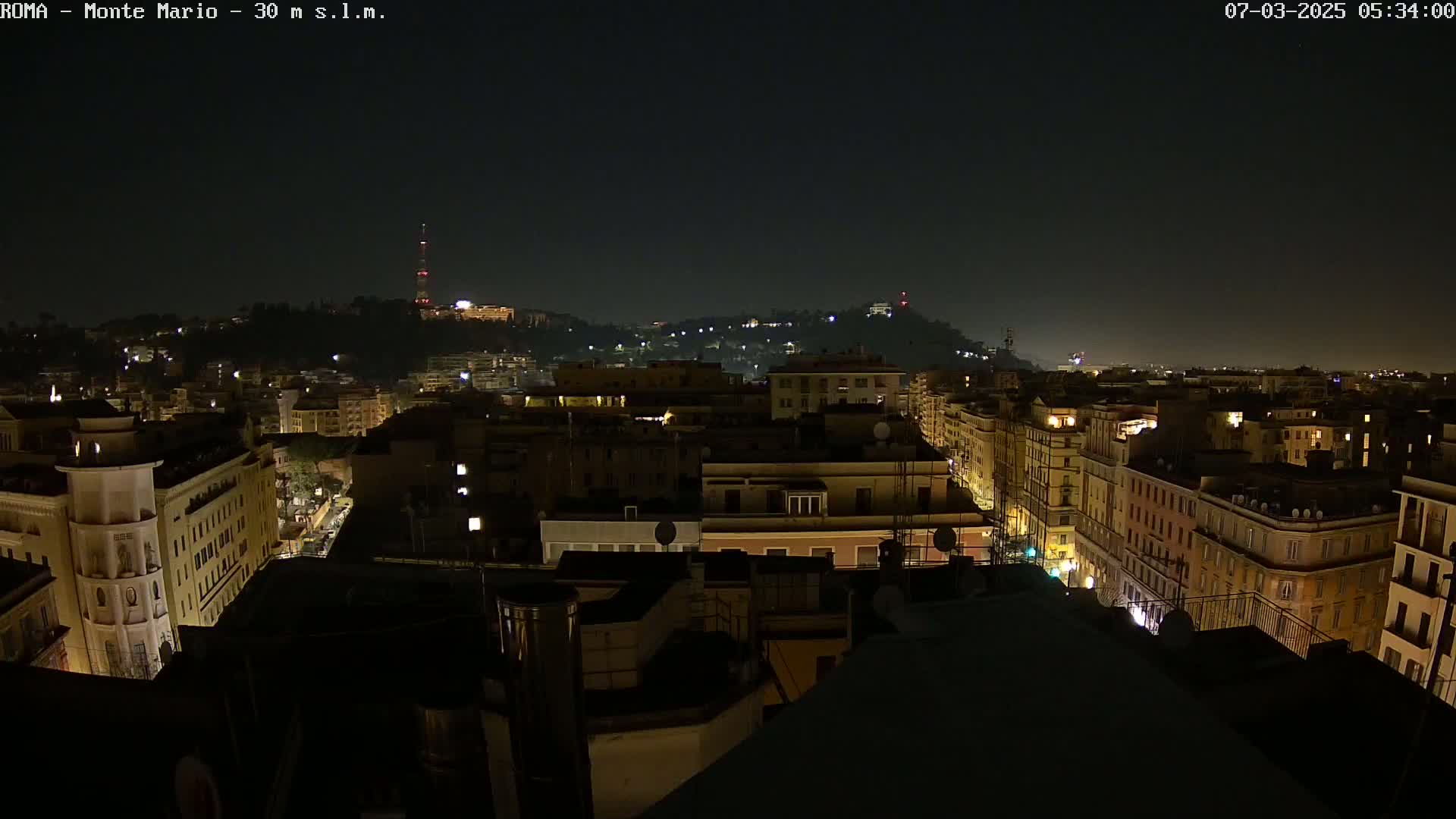 A nighttime view of a city with dimly lit buildings extending to a hill in the distance under a clear, dark sky.