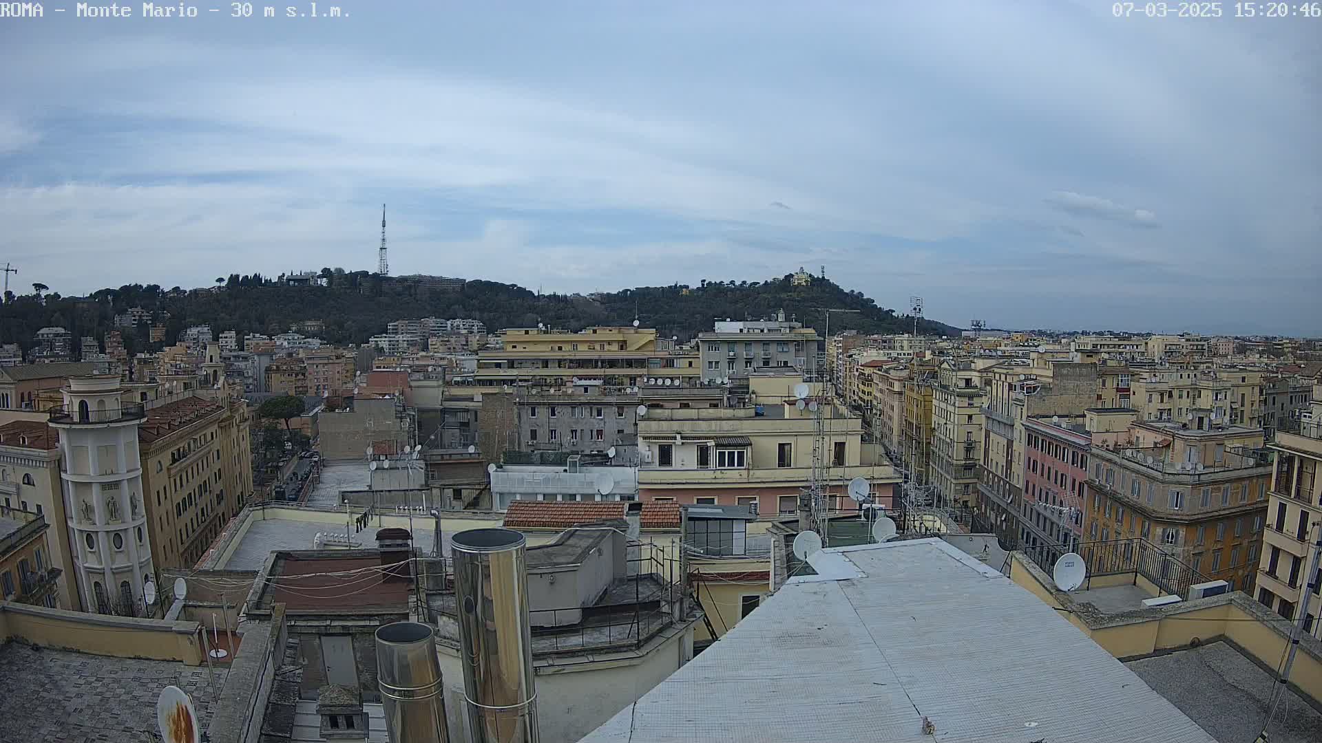 A high-angle, long shot of a city under a mostly cloudy sky shows numerous buildings of varying heights and styles, with a hill visible in the background.