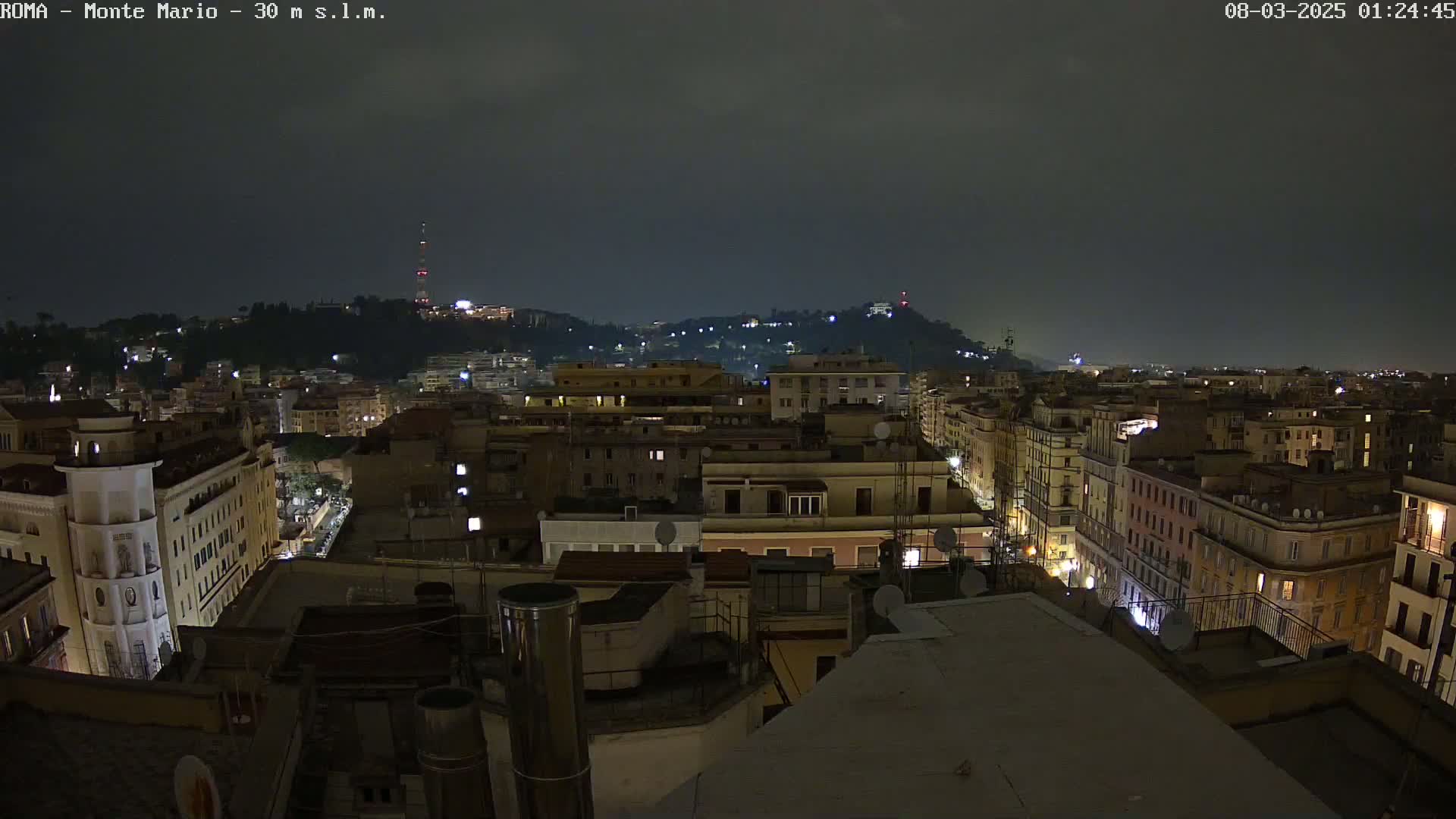 A nighttime view of a city, possibly in Rome, showing a hilly landscape with buildings illuminated under a dark, cloudy sky.