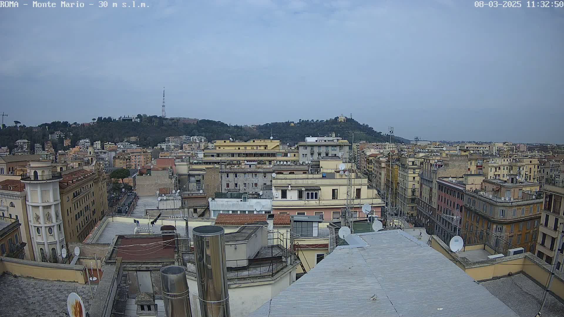 A view from a rooftop shows a cityscape of densely packed buildings under an overcast sky.