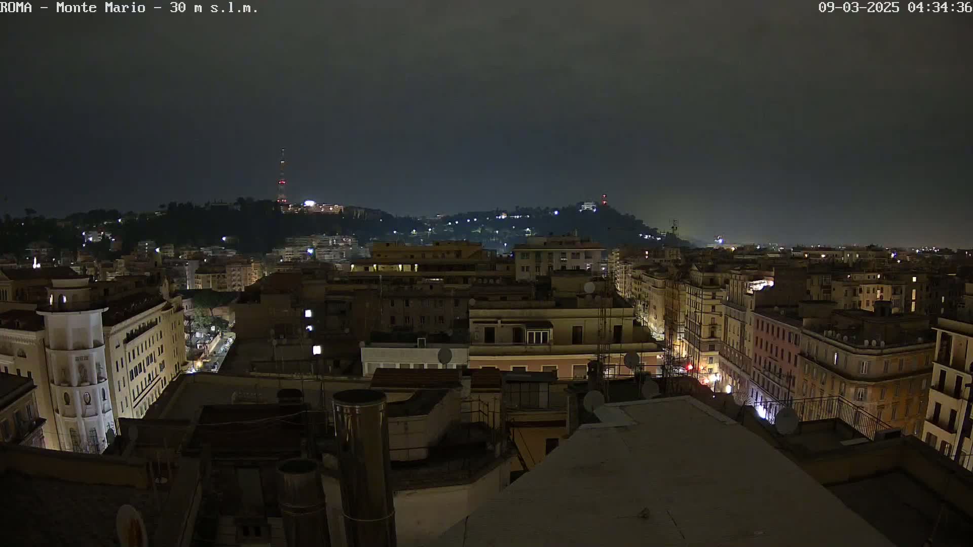 A nighttime cityscape with dimly lit buildings and a hill in the background under a dark, overcast sky.